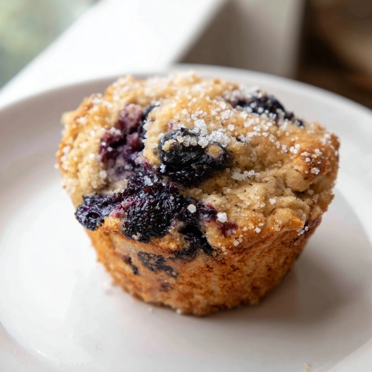 A single, wholesome Blueberry Protein Muffin with Greek Yogurt sits on a white plate beside a steaming mug of coffee for a nourishing American breakfast.