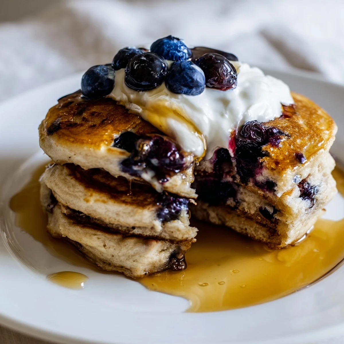 Stack of Fluffy Greek Yogurt Blueberry Pancakes on a white plate, topped with fresh blueberries and a pat of butter melting on top.