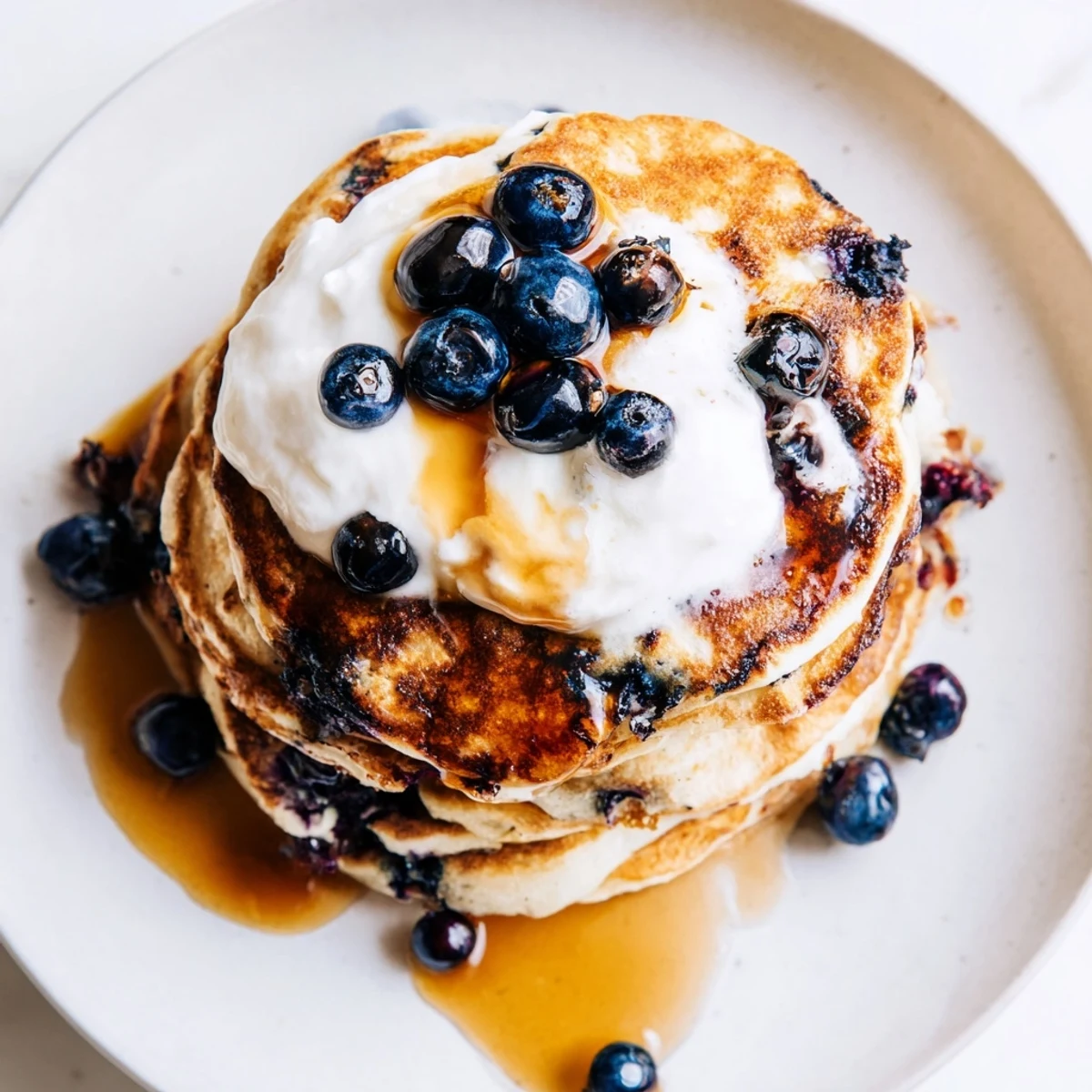 Homemade Fluffy Greek Yogurt Blueberry Pancakes stacked high, ready to be served for a protein-packed breakfast.