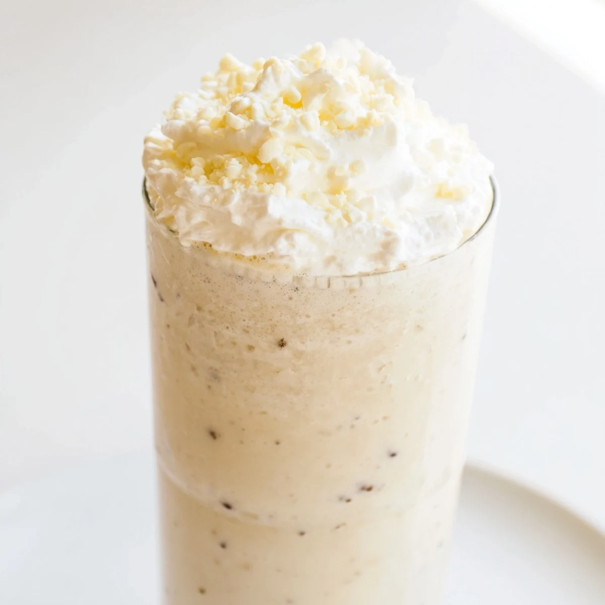 Frosted Vanilla Bean Frappuccino with white chocolate shavings beside fresh vanilla beans.