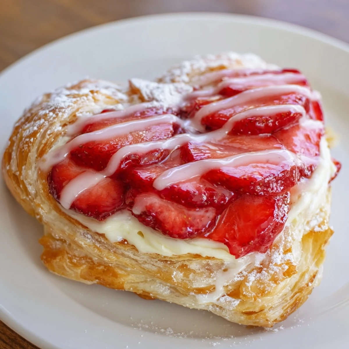 Flaky golden pastry heart danishes on a white plate with fresh strawberry slices and sweet cream cheese filling for a romantic breakfast treat
