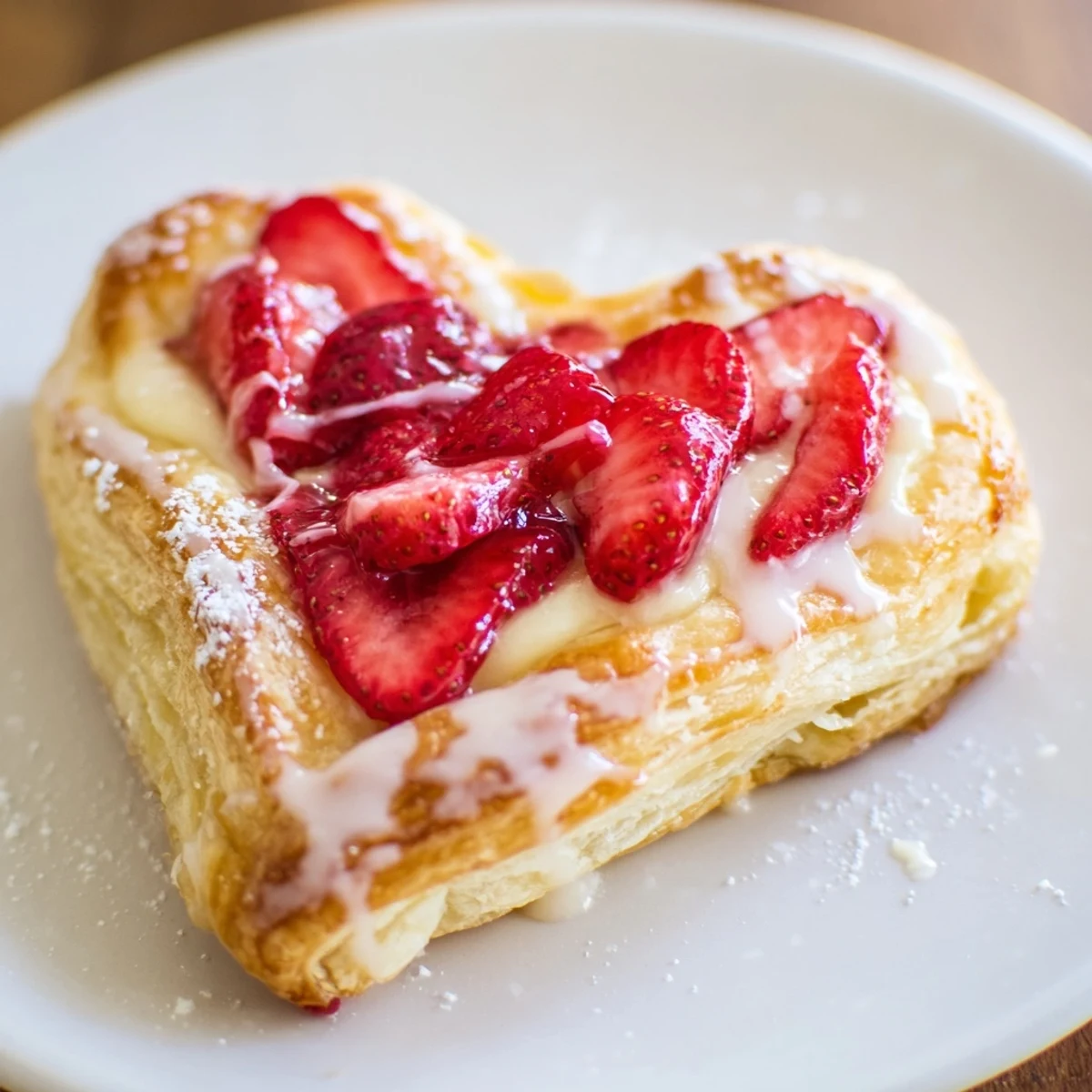 Strawberry Cream Cheese Heart Danishes with a drizzle of vanilla glaze on a rustic wood table, perfect for brunch serving suggestions