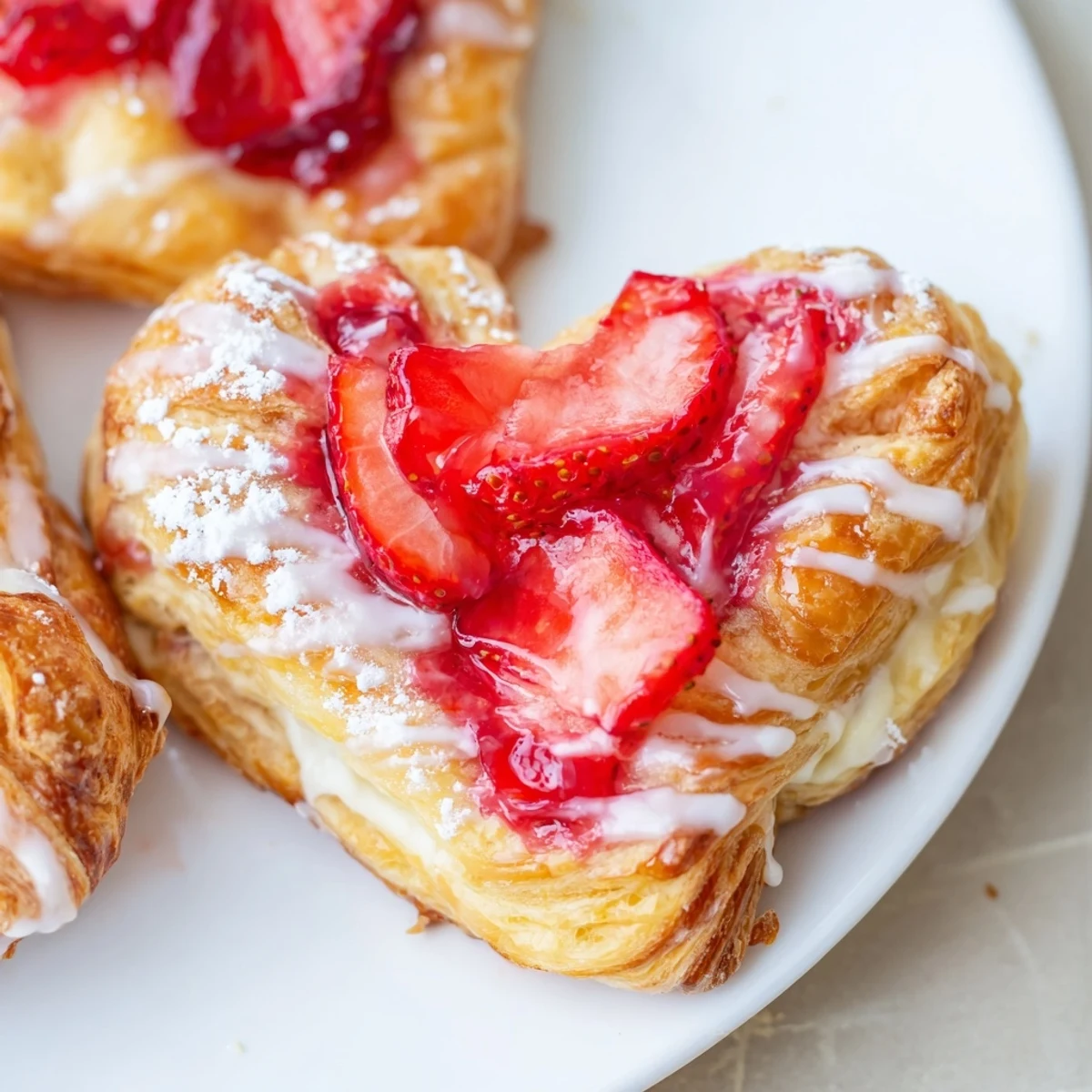 Warm Strawberry Cream Cheese Heart Danishes beside a steaming cup of coffee, highlighting the golden crust and vibrant red berry center