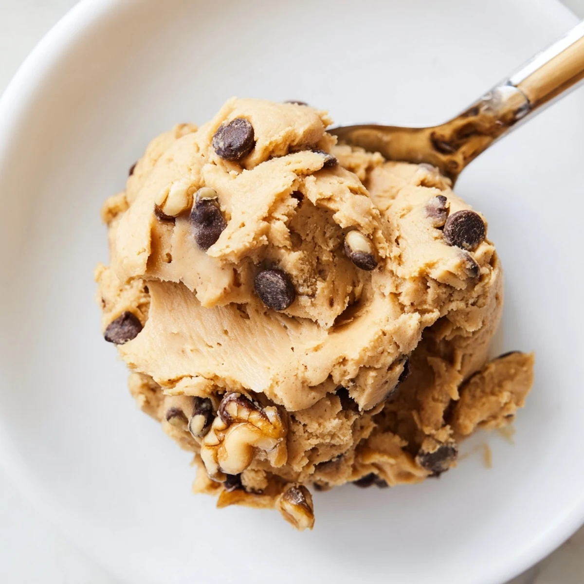 Creamy spoonfuls of Guilt Free Greek Yogurt Cookie Dough with chocolate chips and chopped nuts in a small bowl.