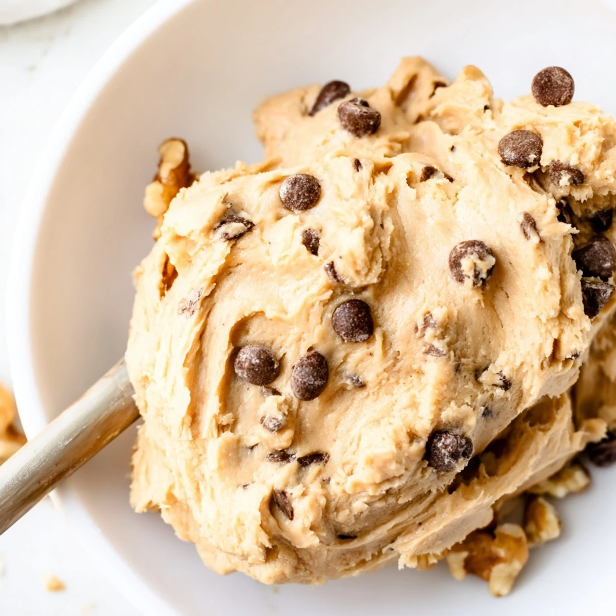 A healthy scoop of Guilt Free Greek Yogurt Cookie Dough served with apple slices and pretzels for dipping.