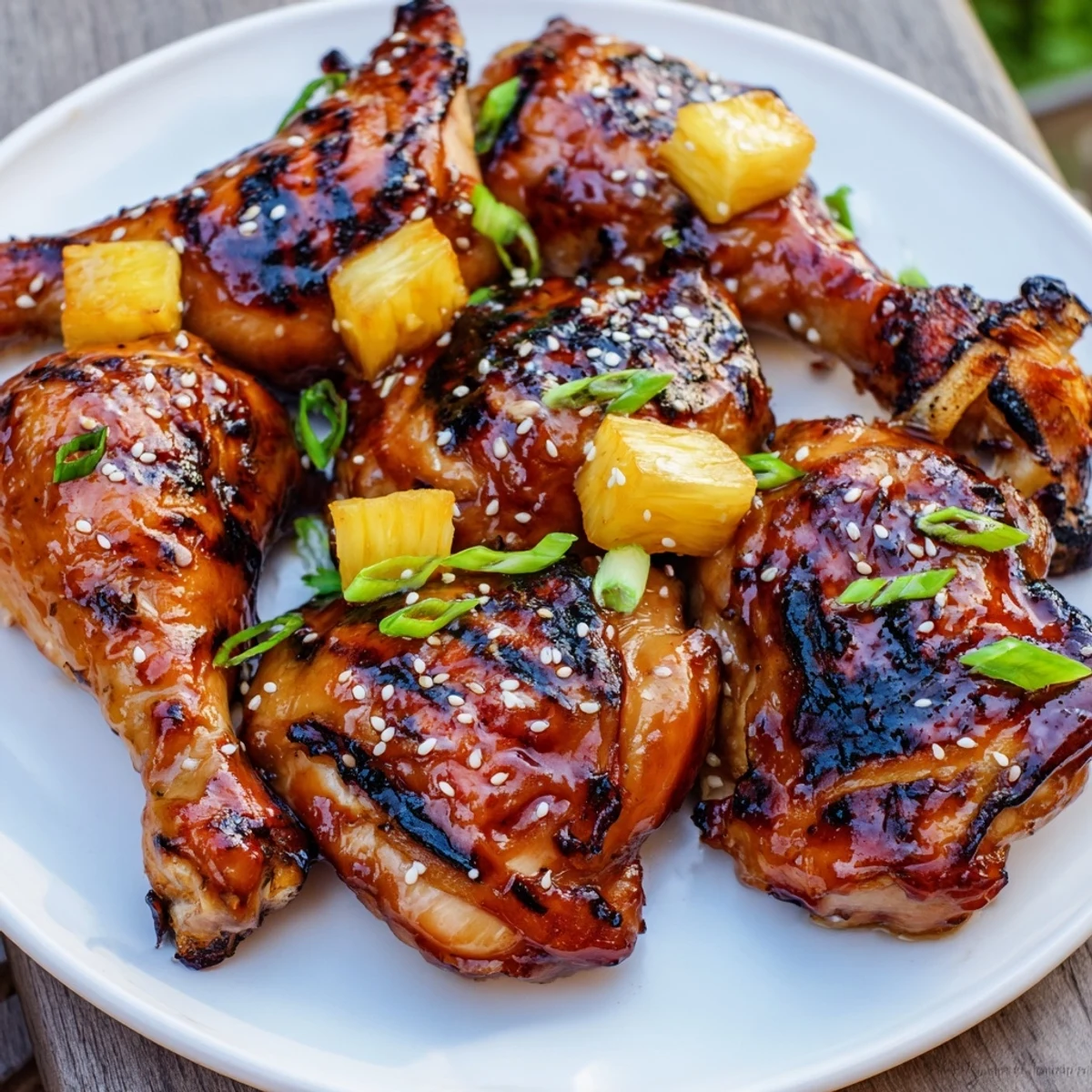 Juicy grilled Huli Huli Chicken thighs glazed with a sweet pineapple soy sauce on a summer barbecue.
