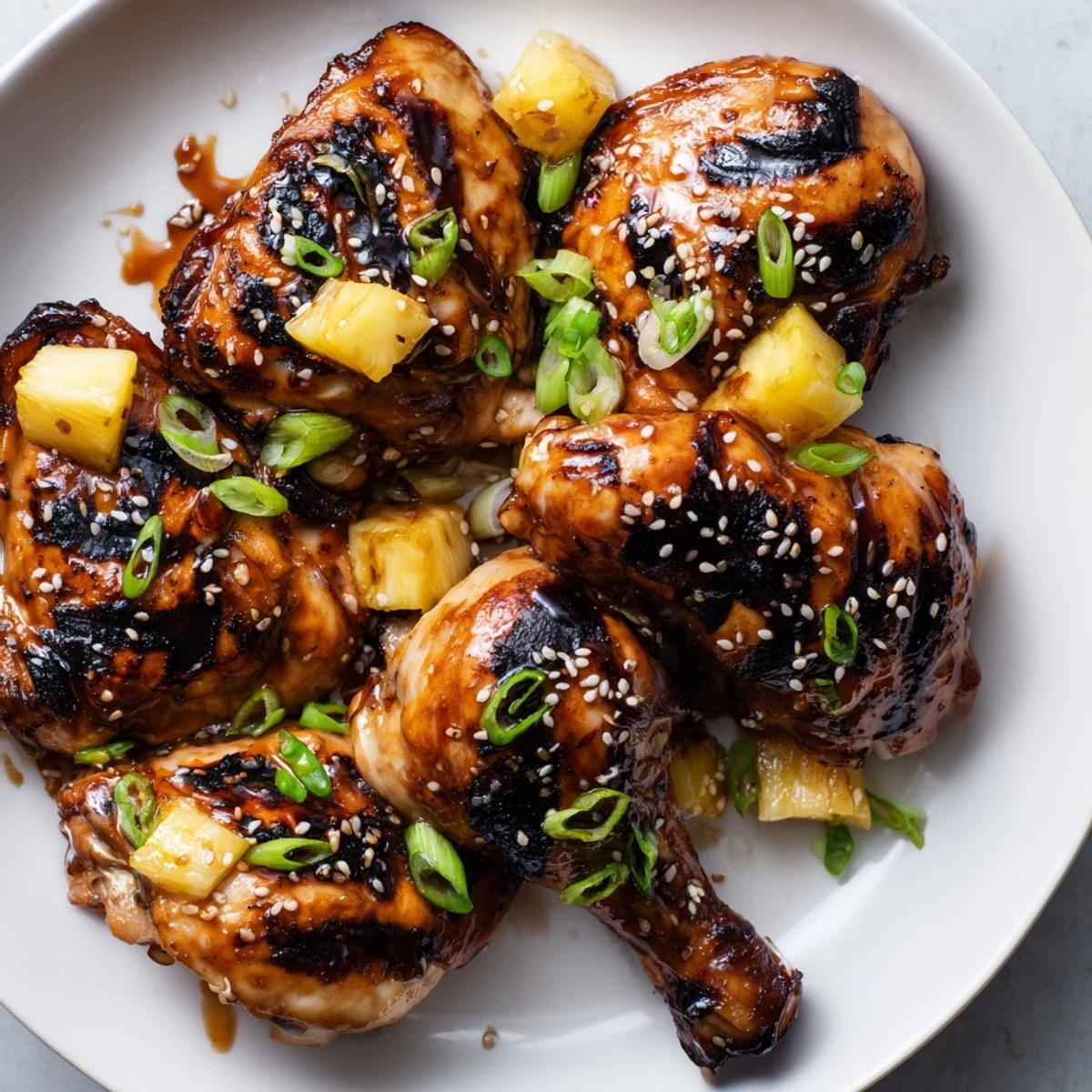 The sticky, caramelized chicken rests beside fresh pineapple chunks, highlighting the vibrant Hawaiian flavors.