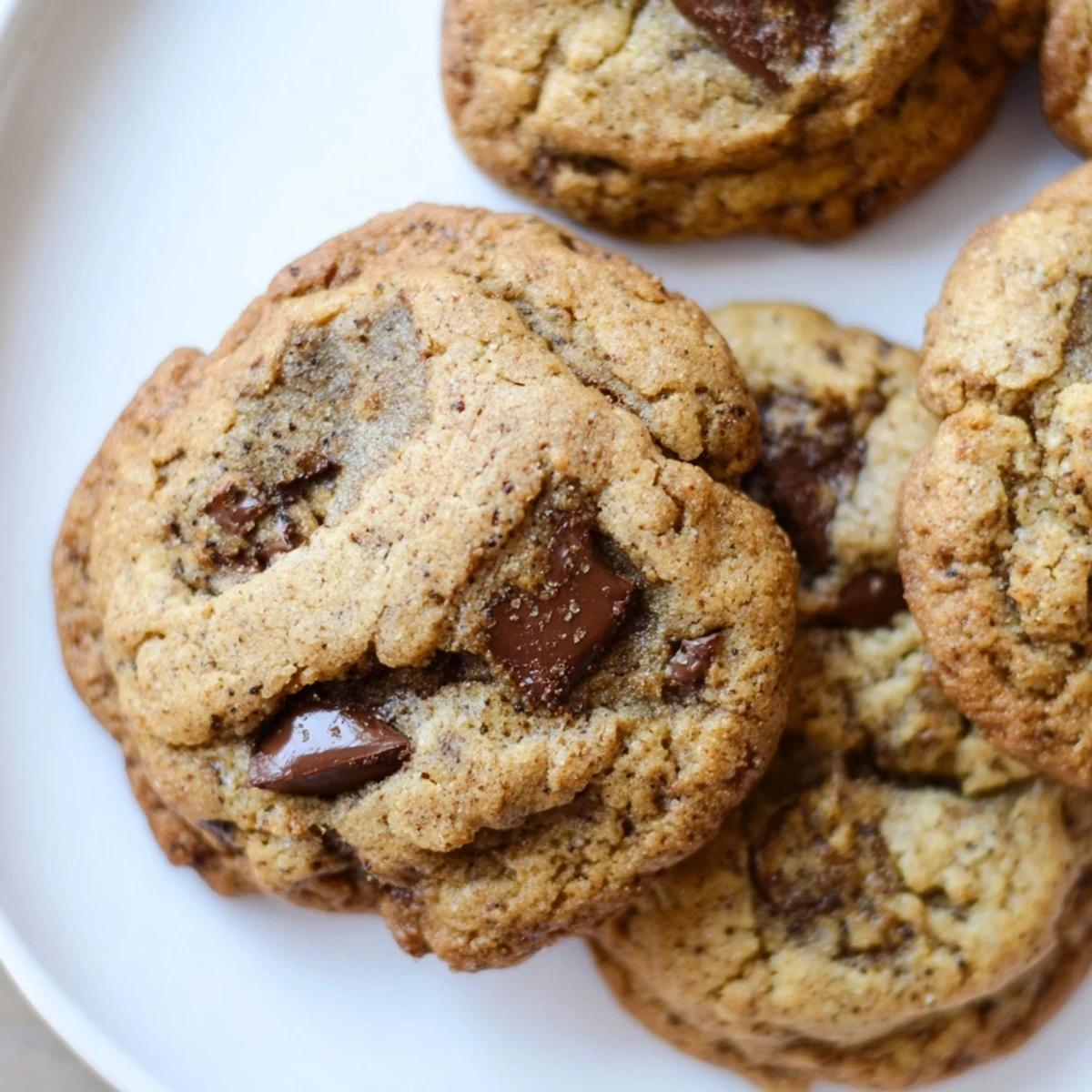 Golden-brown Chai Spiced Chocolate Chip Cookies on a wire rack with melty chocolate chips and a sprinkle of cinnamon.