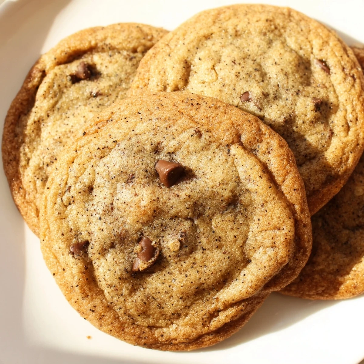 A close-up of warm Chai Spiced Chocolate Chip Cookies revealing a soft, chewy interior and fragrant chai spices.