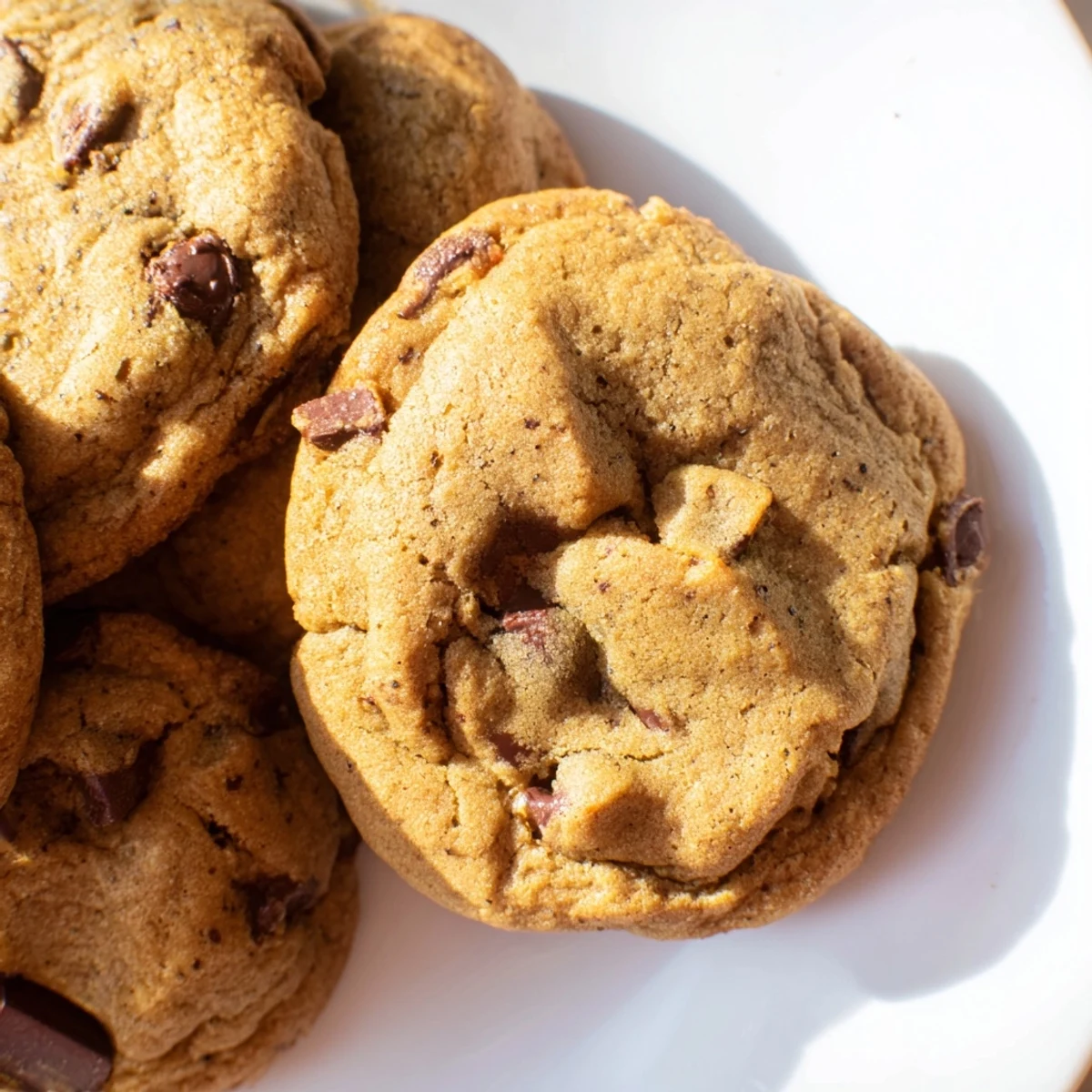 Freshly baked Chai Spiced Chocolate Chip Cookies served on a rustic plate with a steaming cup of chai.