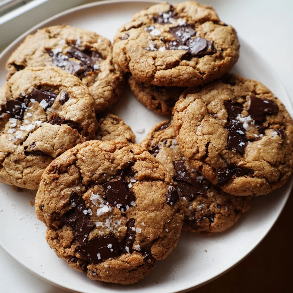 Warm Miso Chocolate Chip Cookies are arranged on a rustic wooden board beside a glass of milk.