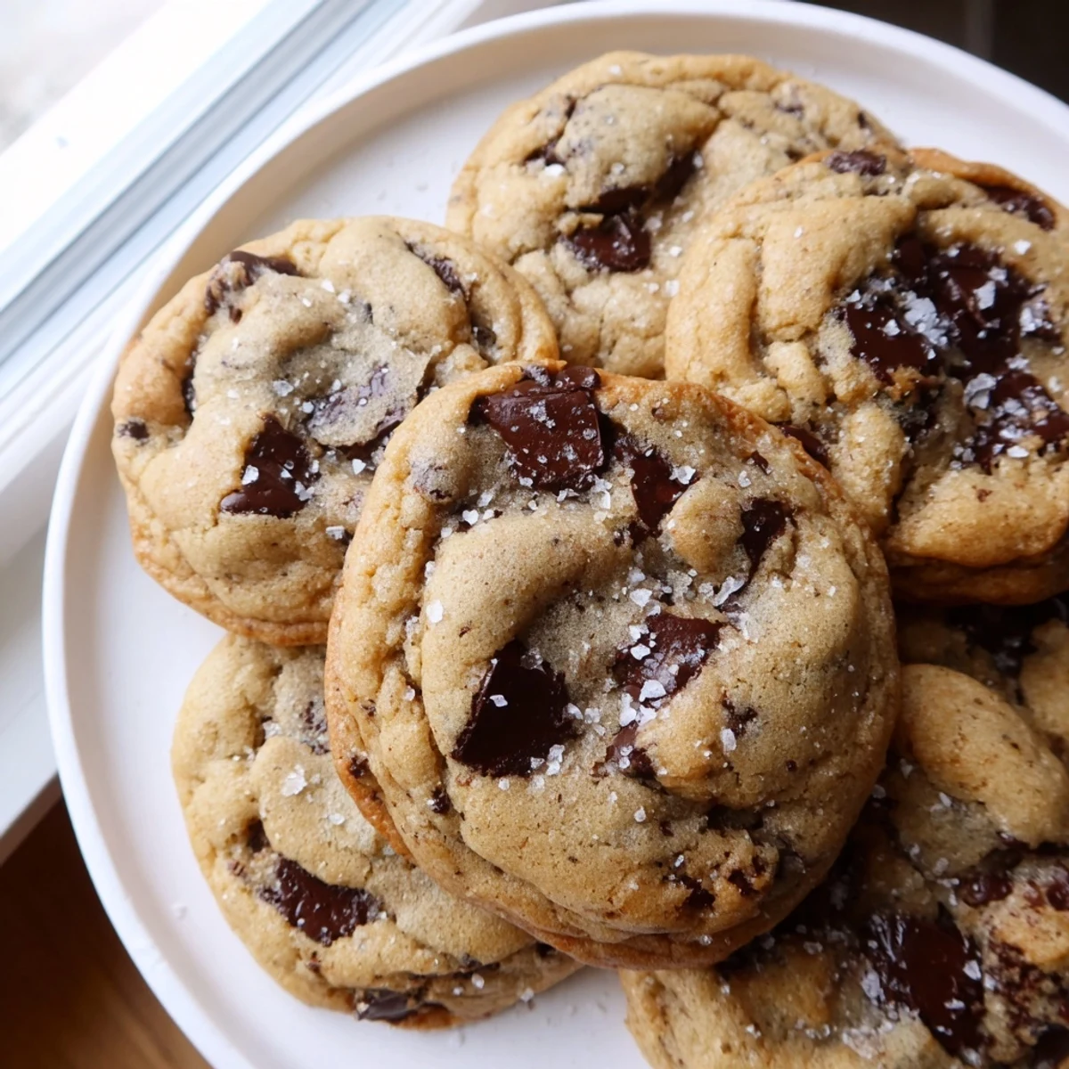 Freshly baked Miso Chocolate Chip Cookies with golden edges and melty chocolate pools on a white plate.
