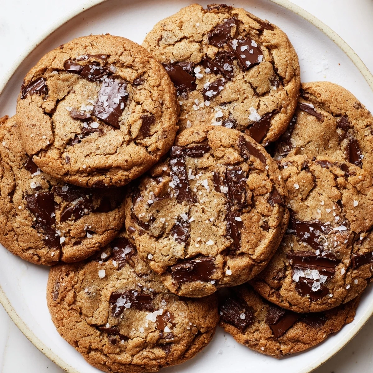A close-up of chewy Miso Chocolate Chip Cookies sprinkled with flaky sea salt, ready for serving.