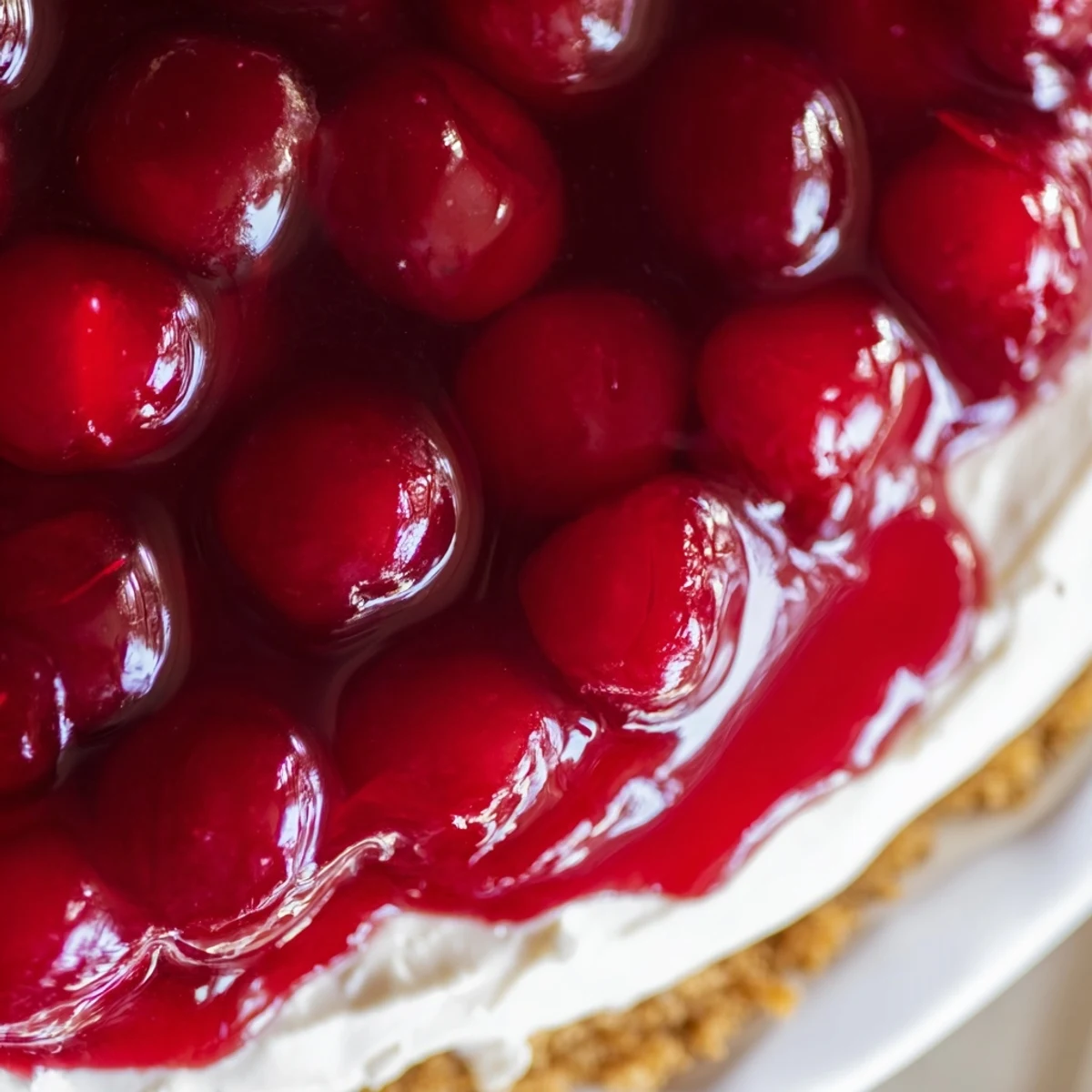 A Classic Cherry Delight slice on a white plate shows luscious cream cheese and bright cherries, ready to serve with a dollop of whipped topping.