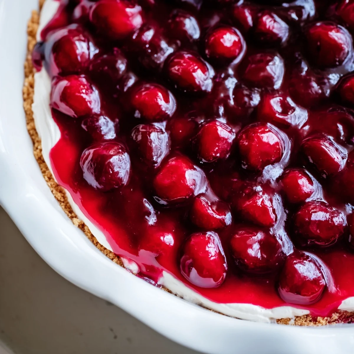 A Classic Cherry Delight dessert in a glass dish reveals red cherry pie filling layered over creamy white cream cheese on a golden graham cracker crust.