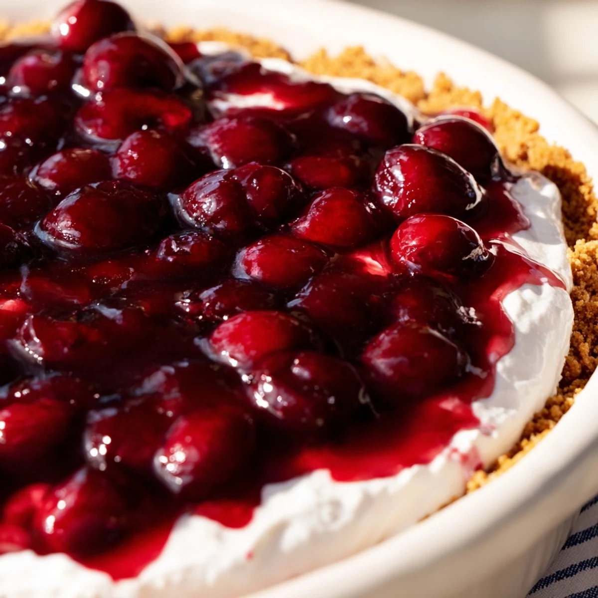 An overhead view of Classic Cherry Delight dessert highlights glistening cherry topping, smooth cream cheese layer, and crumbly crust in a 9x13 pan.