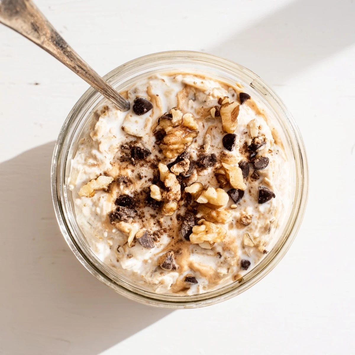 Creamy Cookie Dough Overnight Oats topped with chocolate chips and walnuts for a quick breakfast.