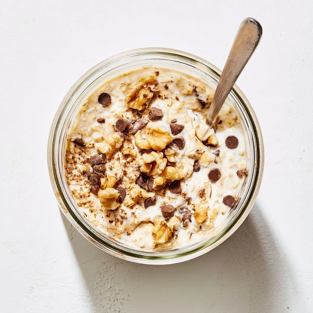 Sweet Cookie Dough Overnight Oats swirled with almond butter and sprinkled with mini chocolate chips.