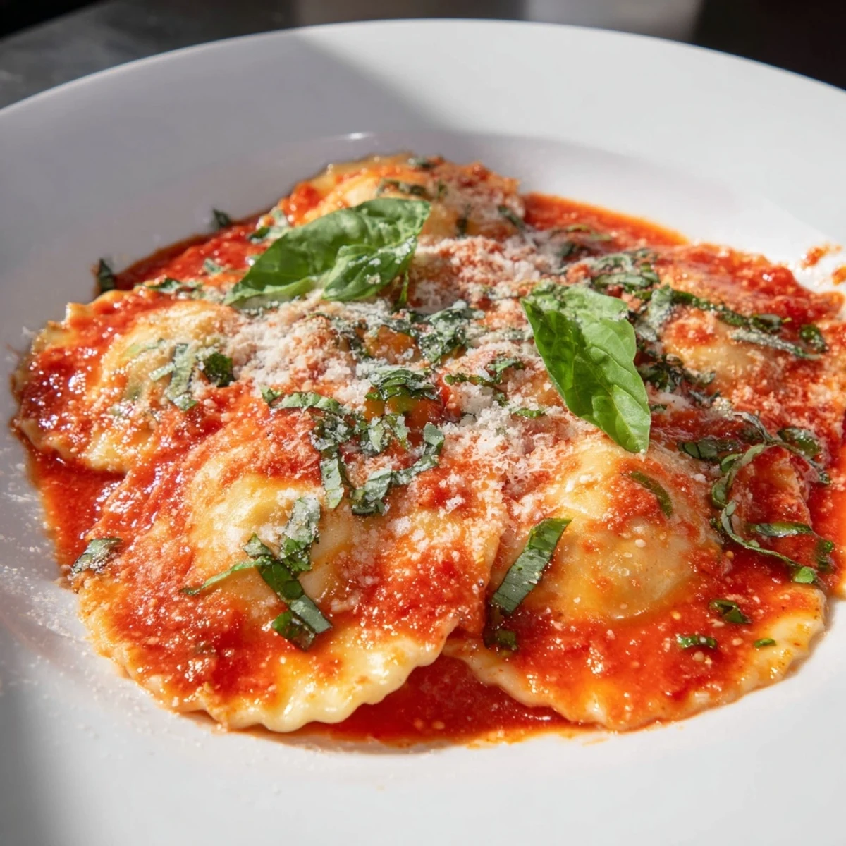 Tender 20-Minute Ravioli with Simple Sauce glistens with tomato-basil sauce, topped with fresh basil and grated Parmesan.