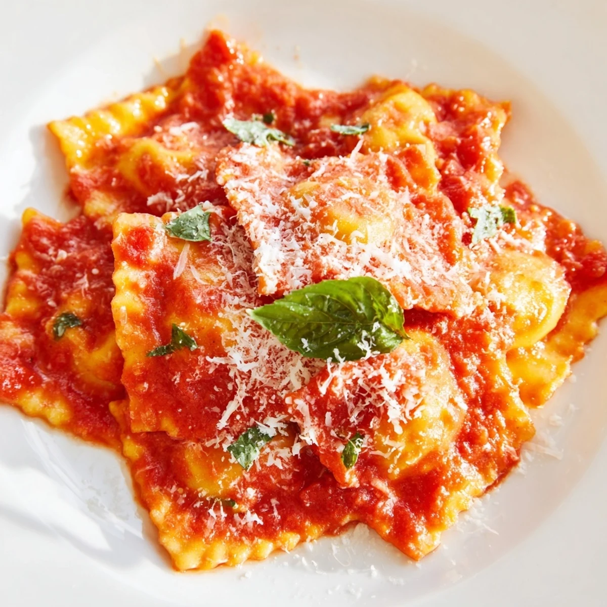 Close-up of 20-Minute Ravioli with Simple Sauce in a skillet, steam rising as pasta is tossed in red sauce.
