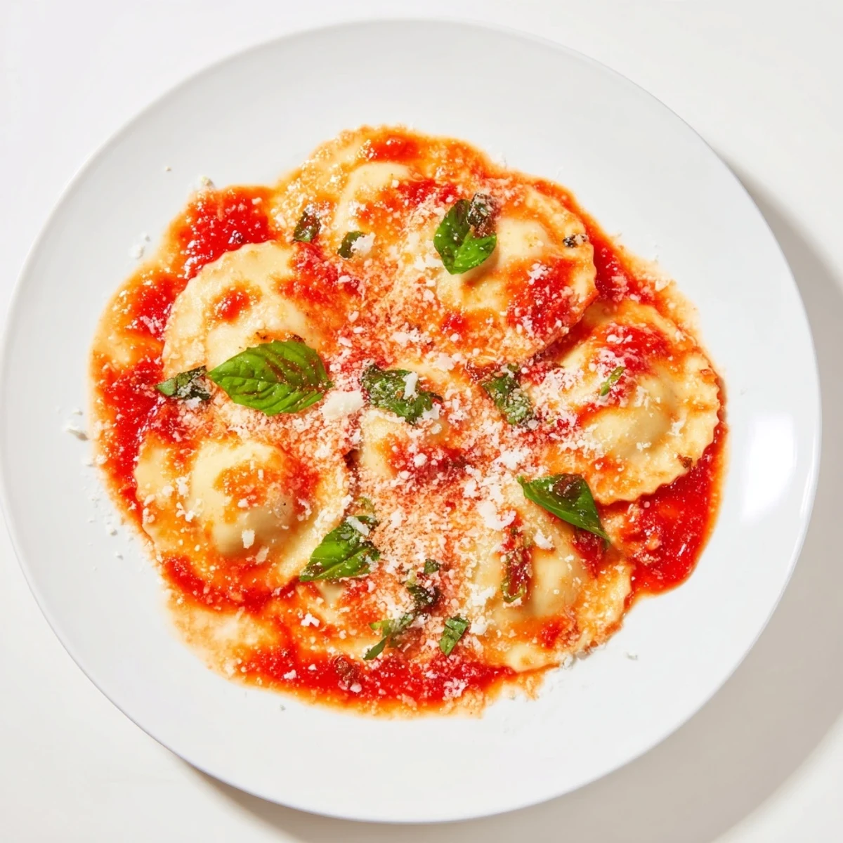 Serving of 20-Minute Ravioli with Simple Sauce plated alongside crusty bread and salad, ready for a weeknight dinner.