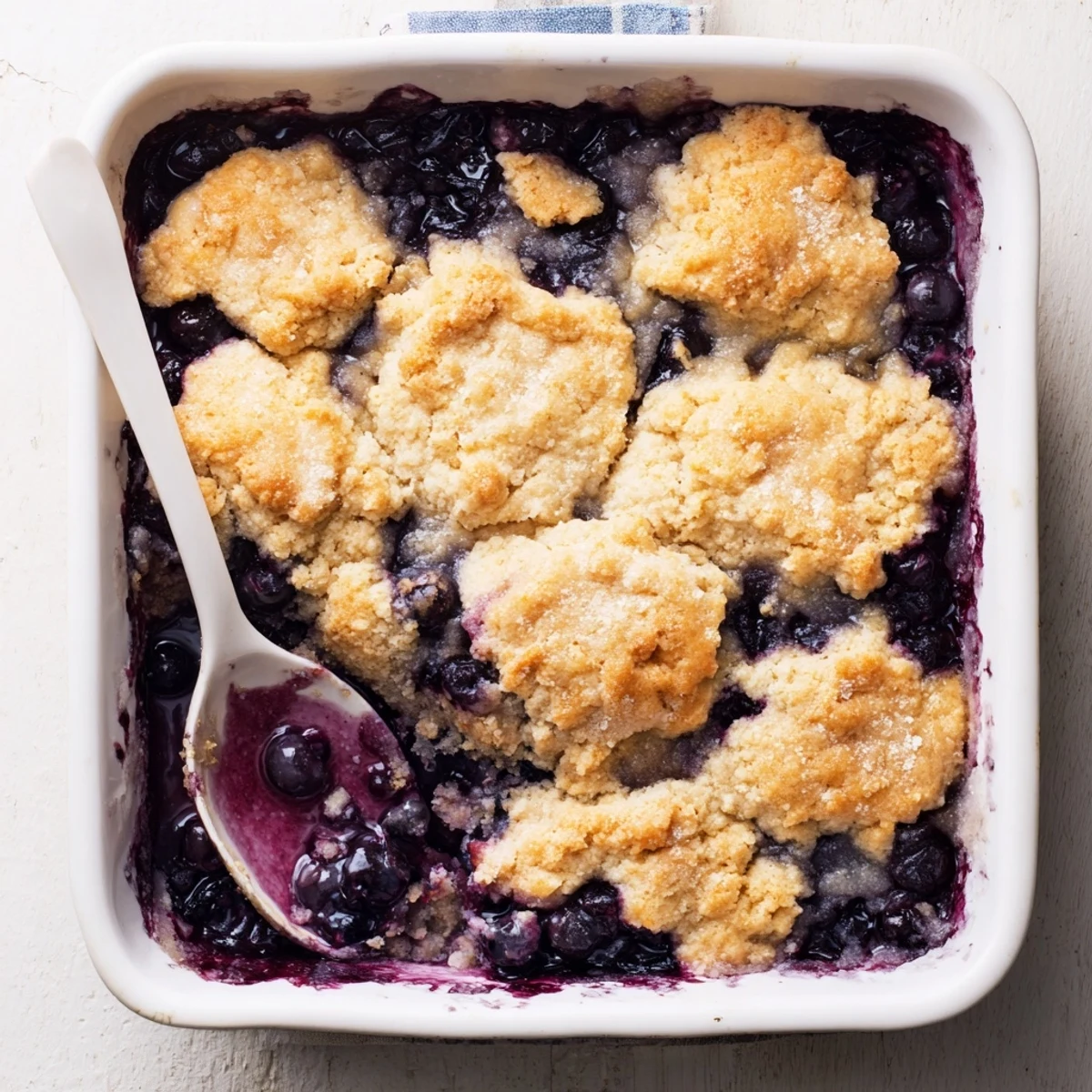 Freshly baked Moist Blueberry Cobbler With Frozen Berries in a ceramic dish with a scoop of vanilla ice cream melting on top.