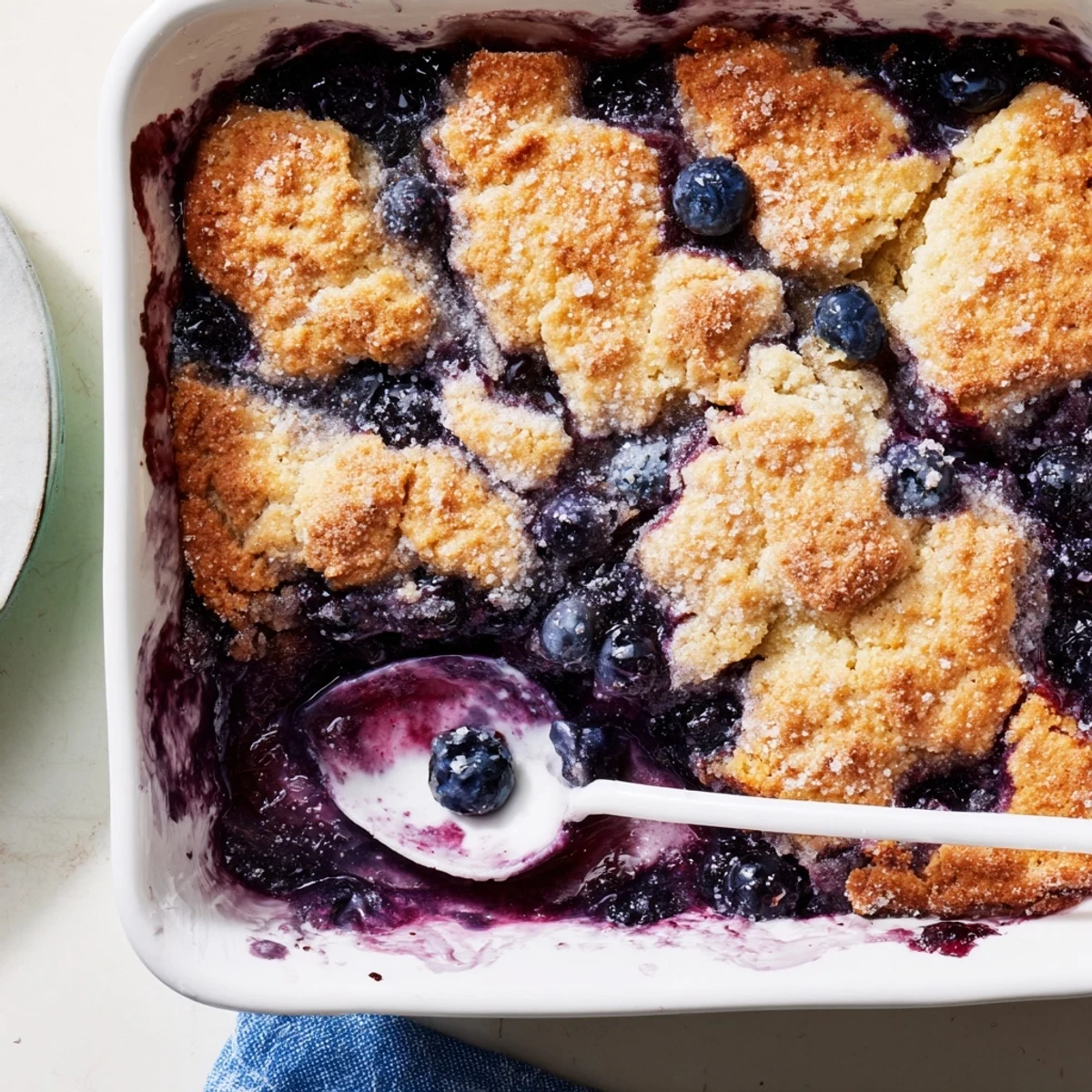 Rustic kitchen scene featuring Moist Blueberry Cobbler With Frozen berries, bubbly juices peeking through crumbly golden topping, ready to serve.