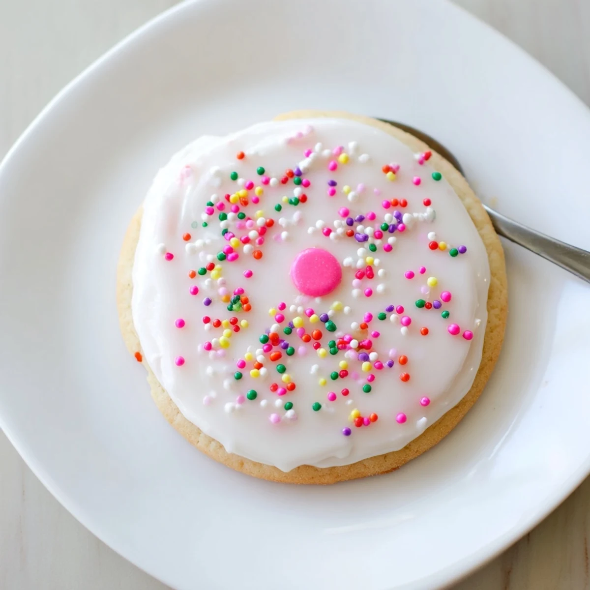 A glass bowl of glossy Sugar Cookie Icing ready to be spread on freshly baked American sugar cookies.