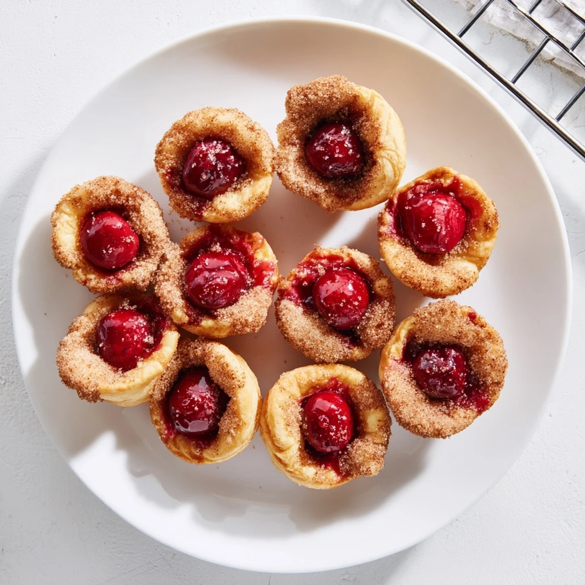 Golden-brown Quick Cherry Pie Bites fresh from the oven, with bubbly red filling peeking out of buttery pastry cups.