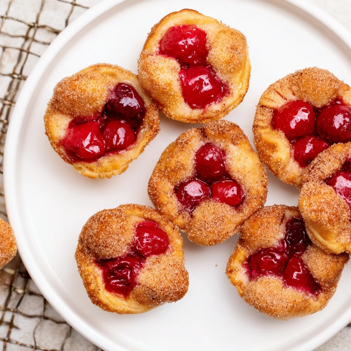 A close-up view of a Quick Cherry Pie Bite resting on a wire rack, showing flaky crust and juicy cherries.
