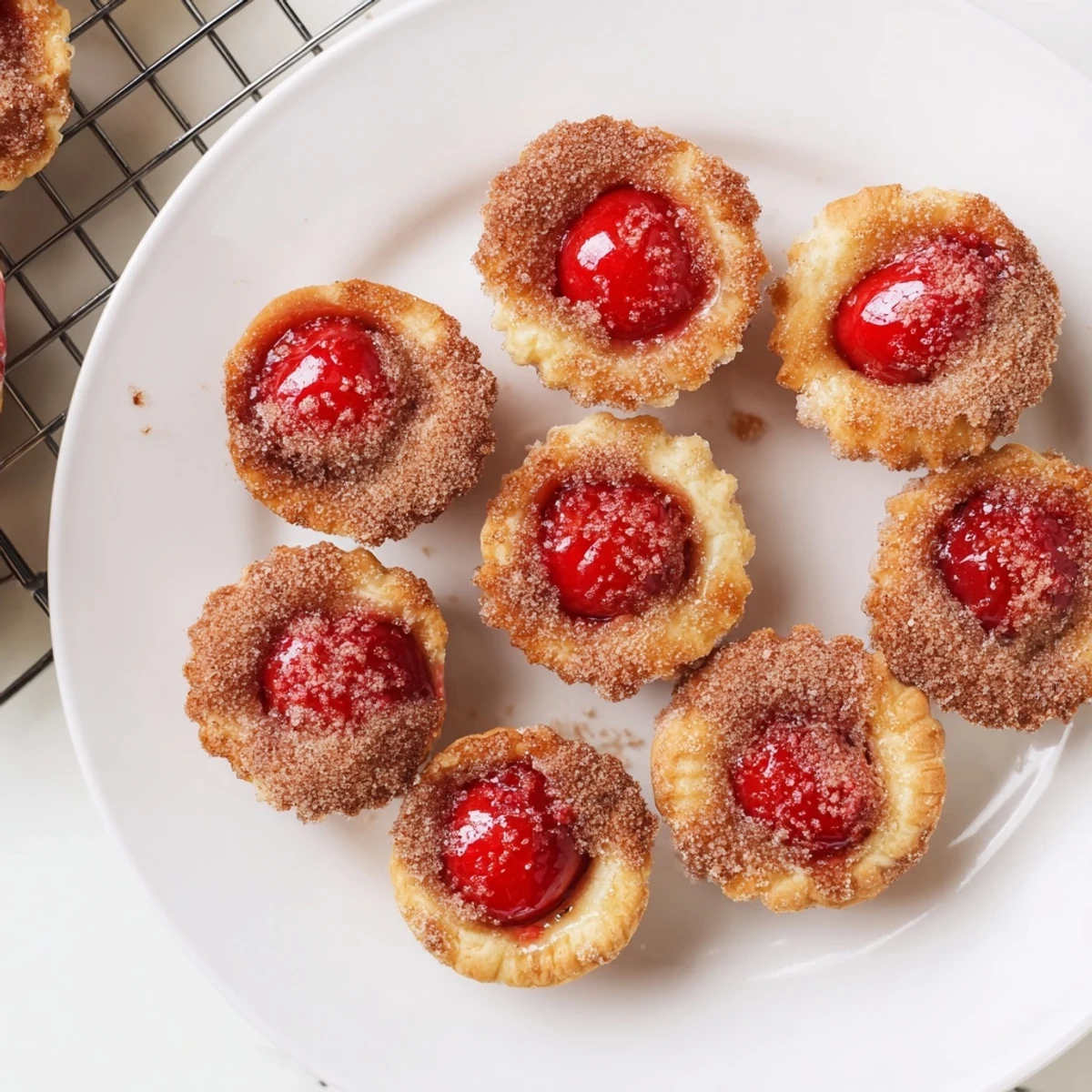 Quick Cherry Pie Bites arranged on a serving platter, ready to enjoy with a dusting of powdered sugar.