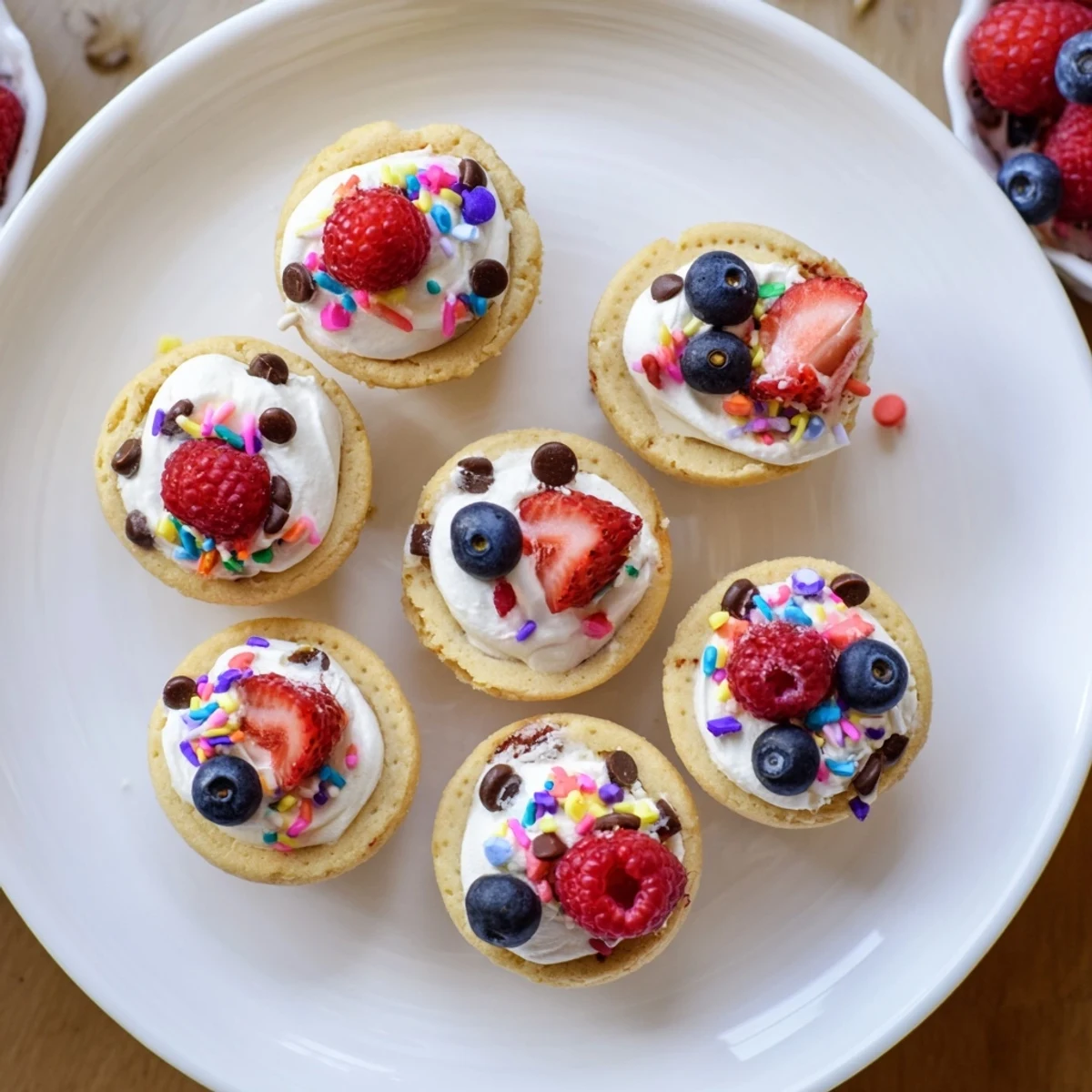 Golden-brown Sugar Cookie Cups fresh from the oven with visible vanilla cream filling and fresh raspberries on top.