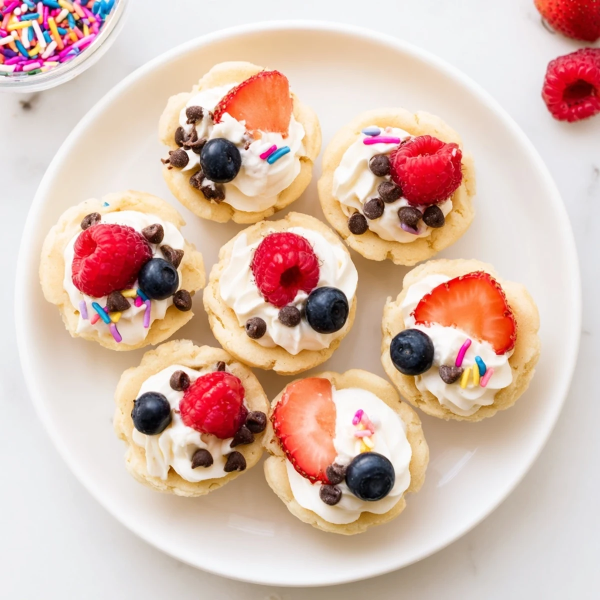 Sugar Cookie Cups displayed on a rustic wooden table, each bite-sized cup filled with whipped cream and blueberries.