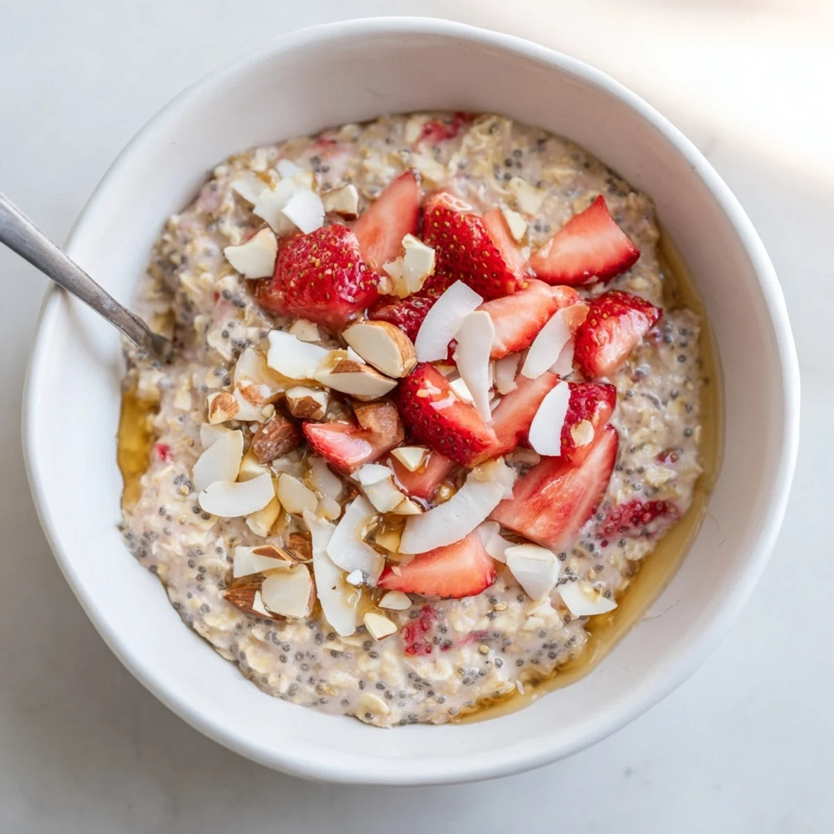 Creamy chilled Strawberry Overnight Oats layered with fresh strawberries and chia seeds in a glass jar.  