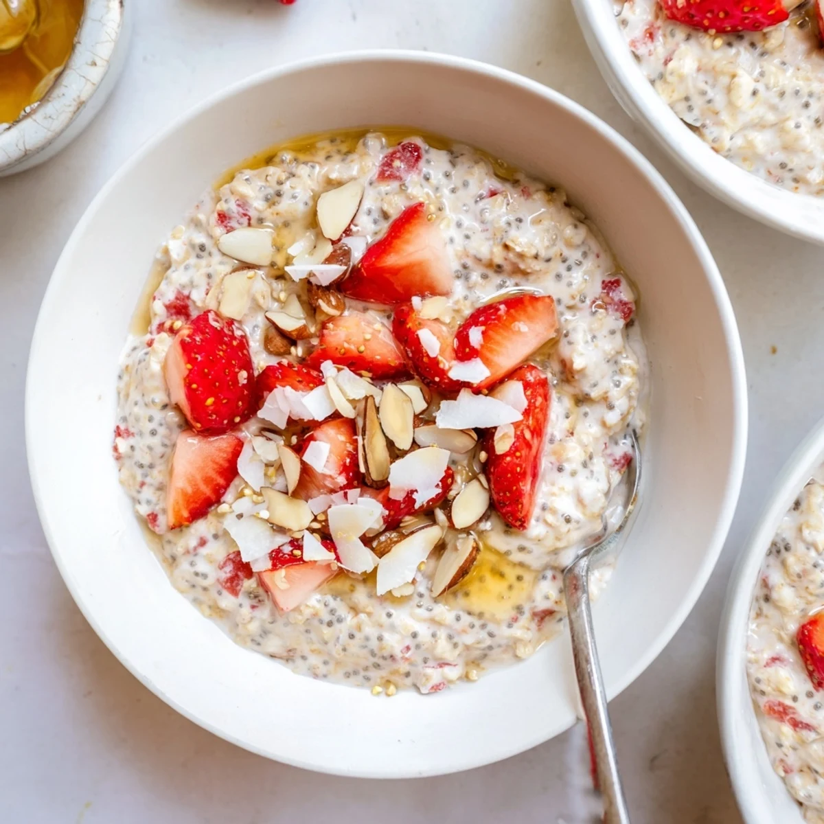 Easy make-ahead Strawberry Overnight Oats served with milk, Greek yogurt, and ripe strawberries for a healthy morning.