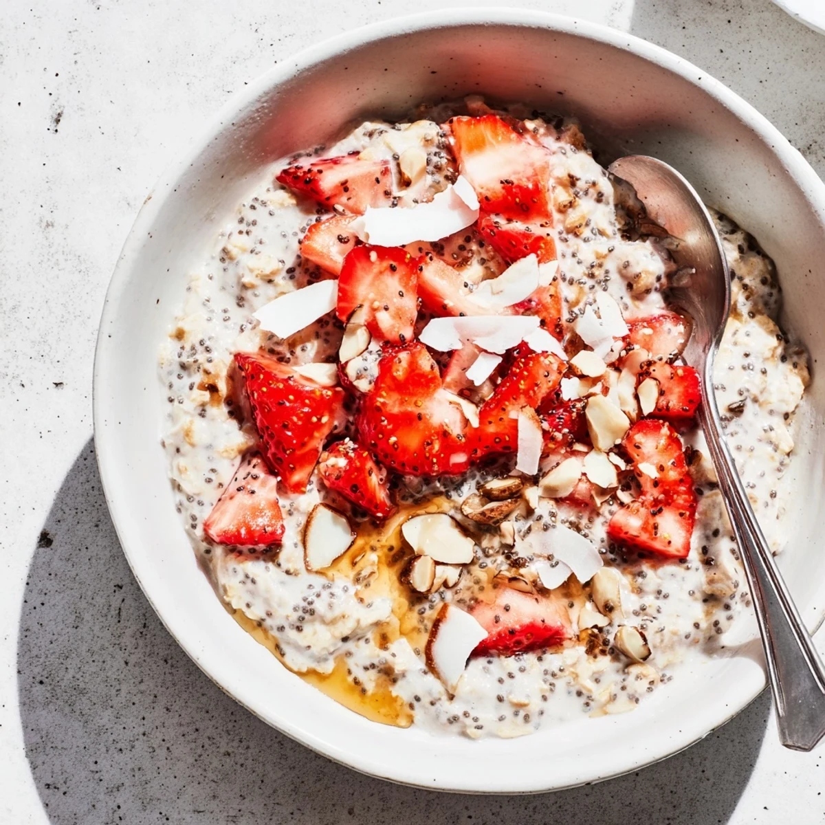 A spoon digs into Strawberry Overnight Oats topped with sliced almonds and a honey drizzle for breakfast.  