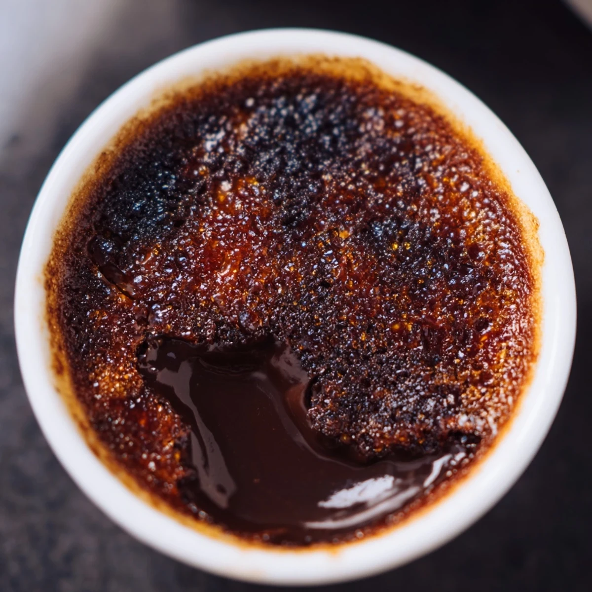 Four elegant ramekins of chocolate crème brûlée for Valentine's Day sit on a romantic table with a heart garnish.