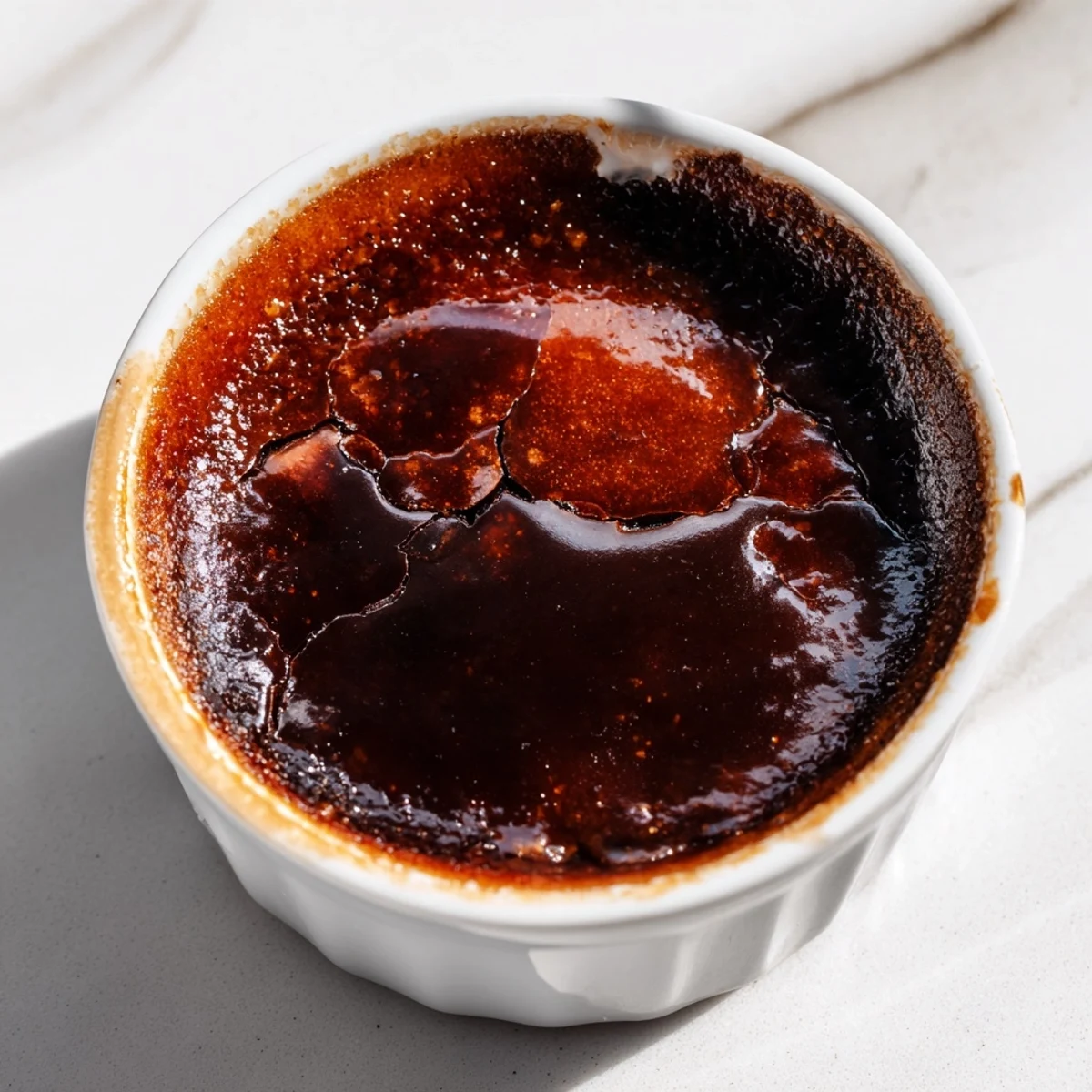 A close-up of a cracked caramelized sugar top reveals rich, silky chocolate crème brûlée for a romantic Valentine's Day treat.