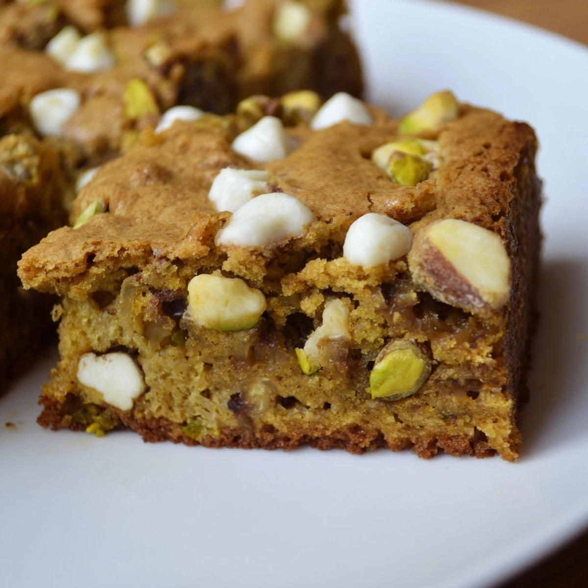 Golden-brown Pistachio Blondies with toasted green pistachios, stacked and ready to serve with vanilla ice cream.