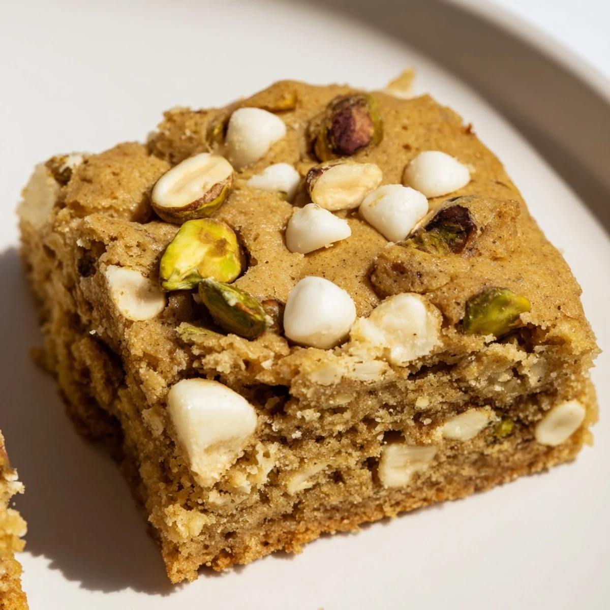 Freshly baked Pistachio Blondies on a cooling rack, cut into squares with a golden crust and soft center.