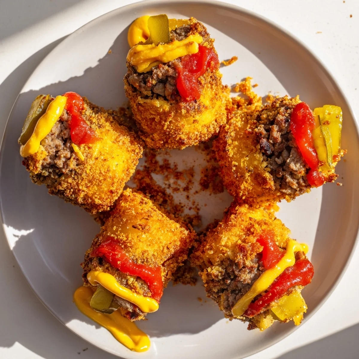 Freshly fried Cheeseburger Onion Ring Rolls display golden crispy onion rings stuffed with savory beef and melted cheddar.