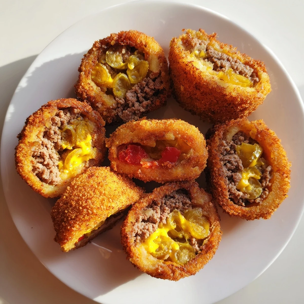 Close-up of a Cheeseburger Onion Ring Roll showing a juicy burger filling with pickles and tomatoes inside.