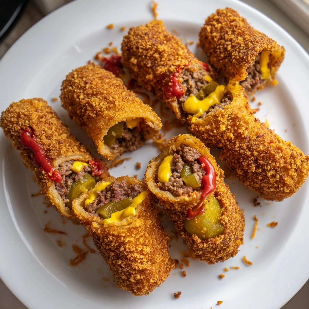 These Cheeseburger Onion Ring Rolls are served hot on a platter with ketchup and mustard dipping sauces.