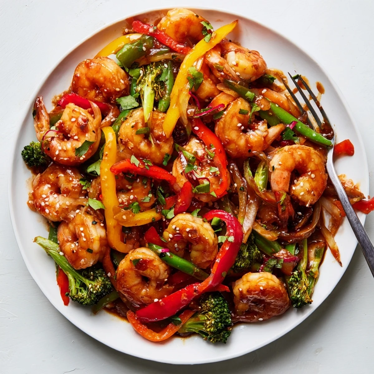 A close-up of Shrimp Stir Fry with colorful bell peppers and snap peas in a glossy, aromatic sauce, served over steamed rice.