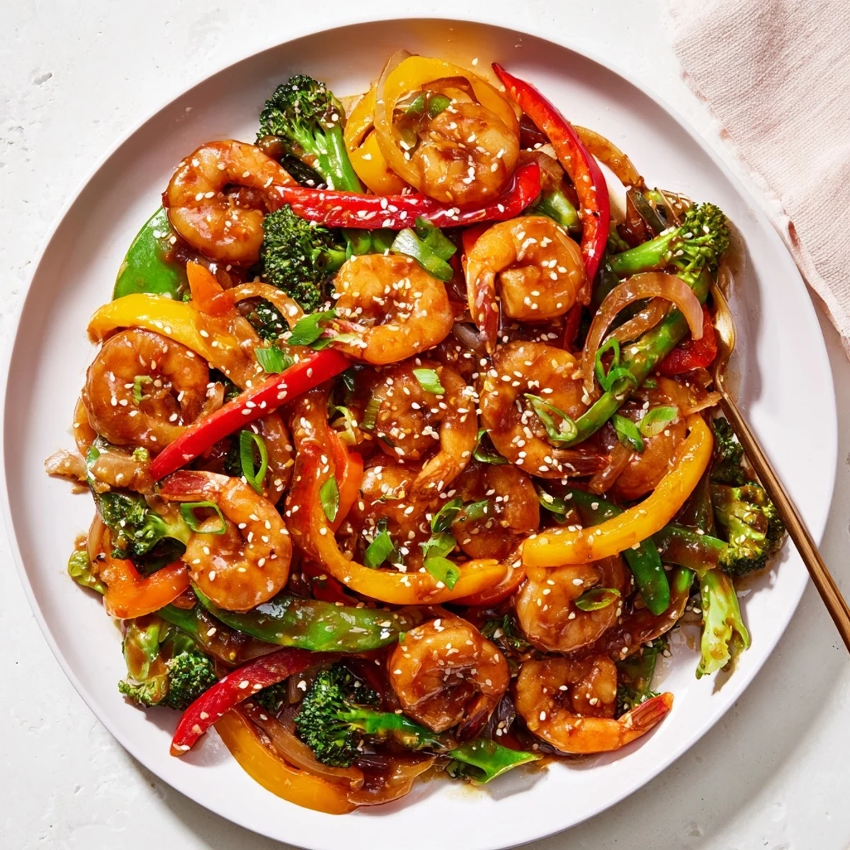 In a hot wok, Shrimp Stir Fry features pink shrimp and crisp broccoli florets tossed with savory sauce and sesame seeds.