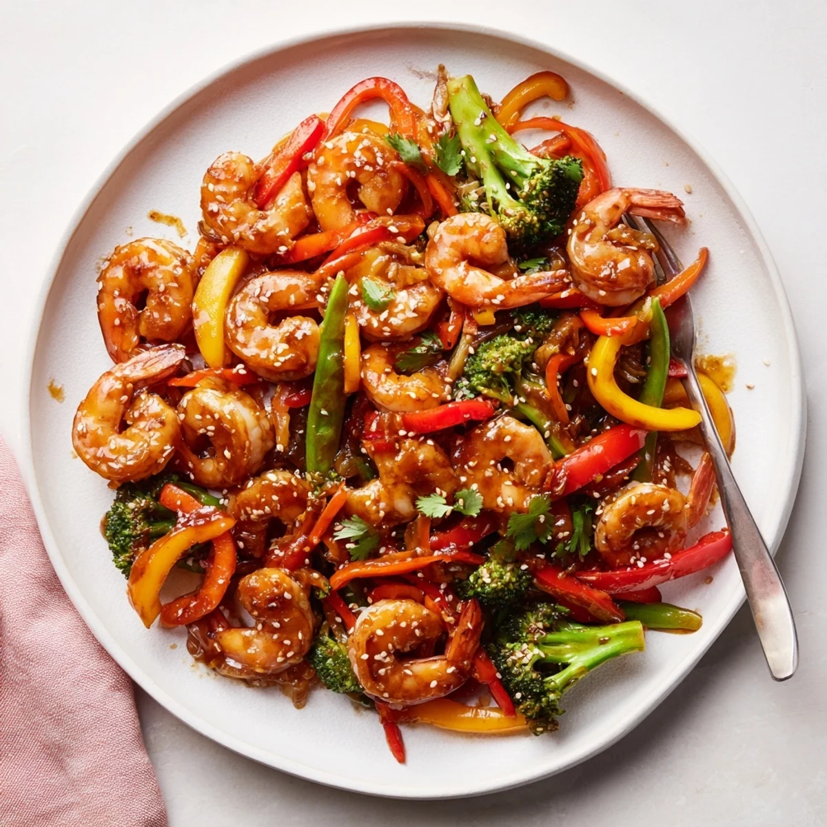 A vibrant bowl of Shrimp Stir Fry with julienned carrots and snap peas, garnished with green onions and fresh cilantro.