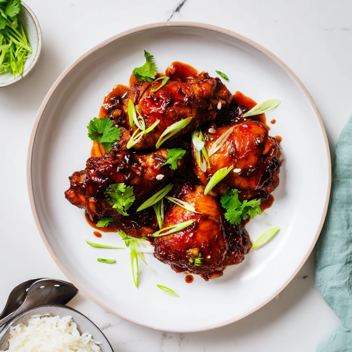 Close up of Ga Kho bubbling in the pan with scallion garnish for a family meal.
