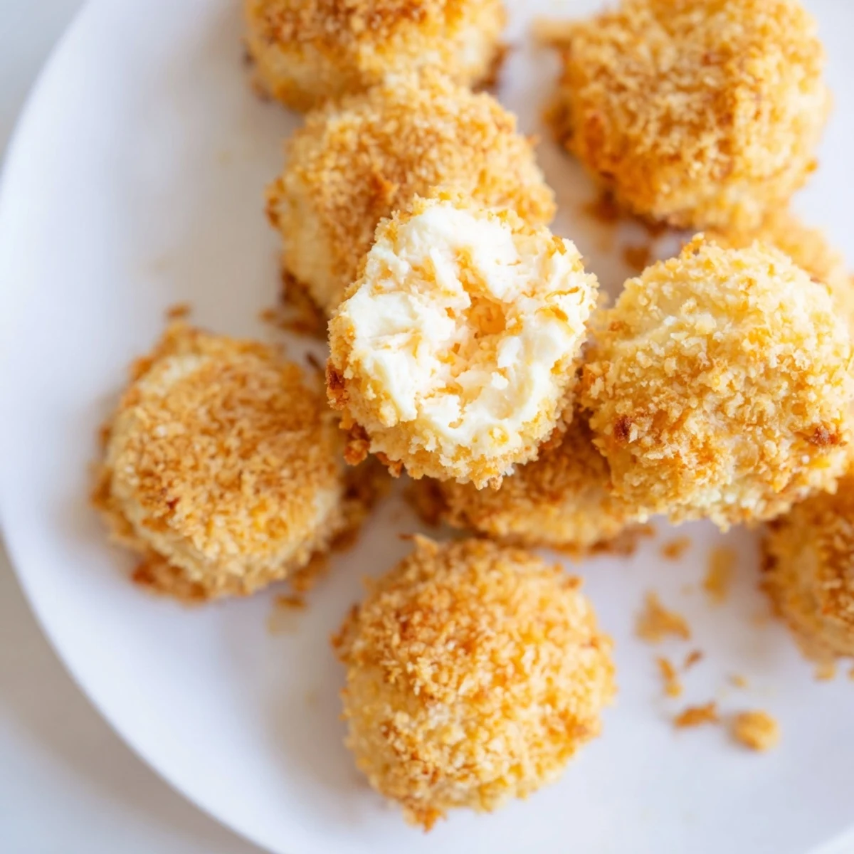 A close-up photo of golden-brown cottage cheese treats, some split to reveal a tender, fluffy interior.
