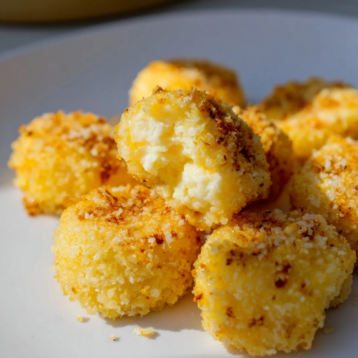 Golden, crispy cottage cheese treats arranged on a white plate beside a small bowl of marinara dipping sauce.