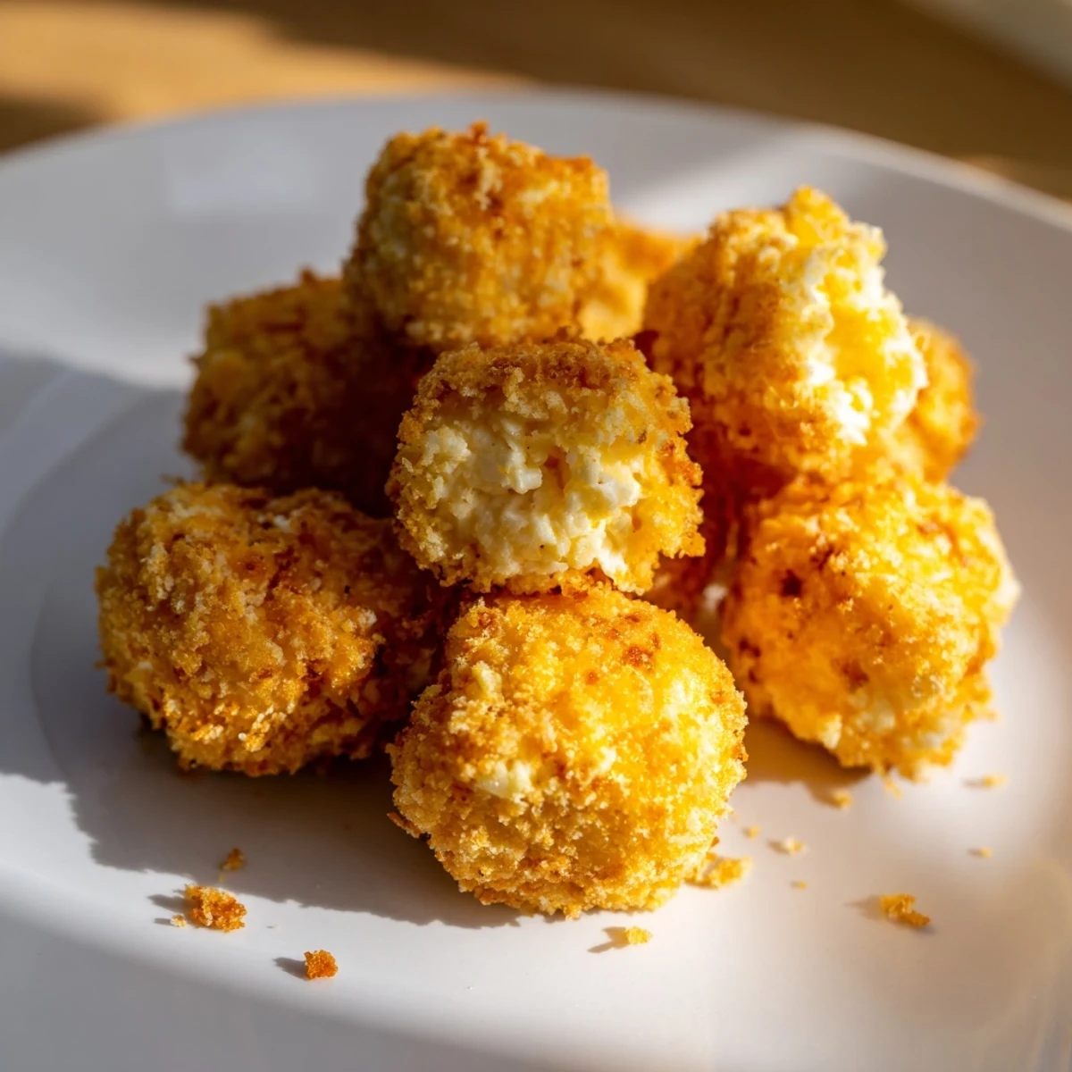 Four golden cottage cheese treats are stacked on a plate, ready to serve as a high-protein snack.